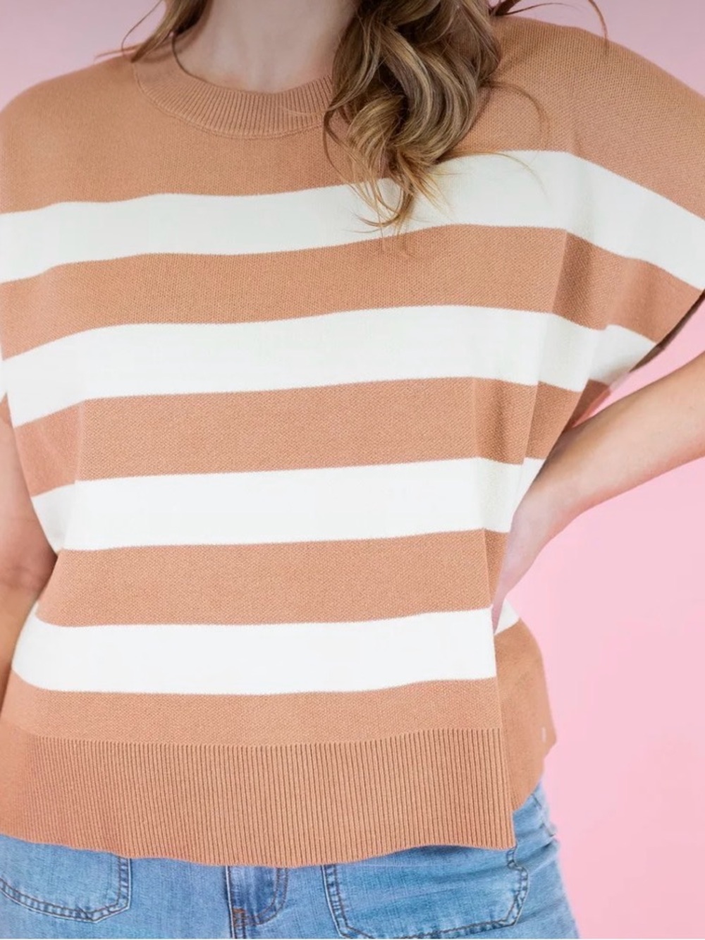 entro Camel & White Striped Short Sleeve Knit Top